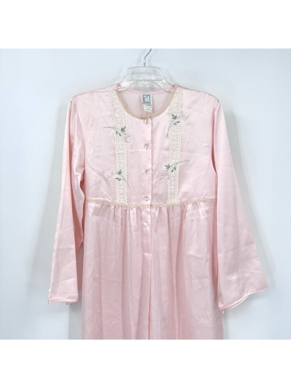 vintage EVE STILLMAN satin pink robe housedress LARGE cottagecore lounge lace - Picture 4 of 11